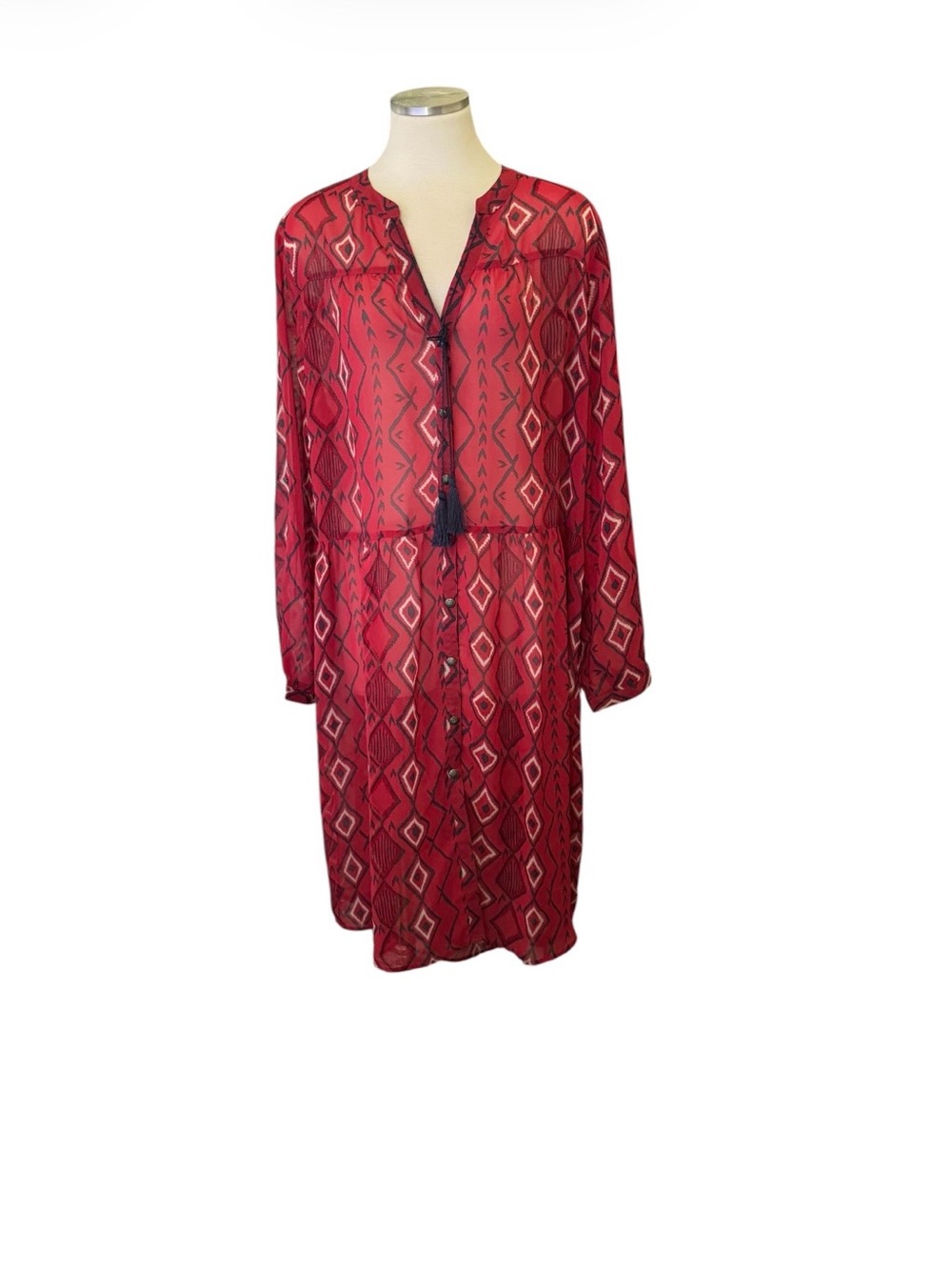 Tasha Polizzi Red Geometric see through Tassel-Front Long-Sleeve Dress